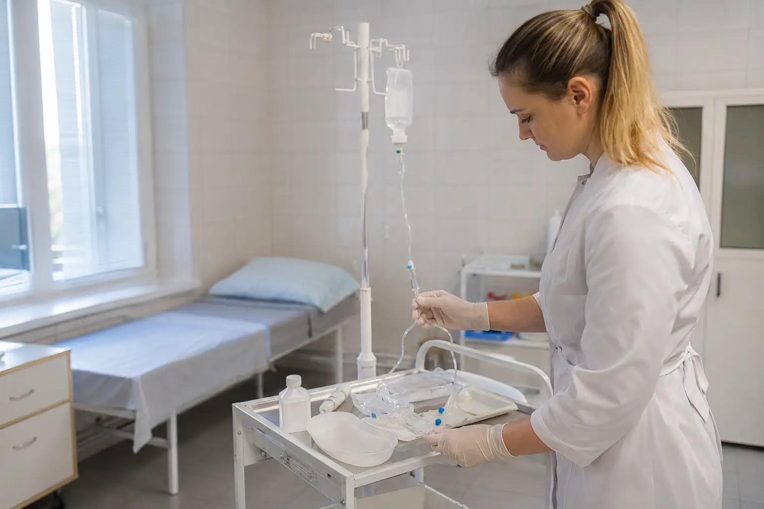 Медсестра готовит капельницу для сосудов